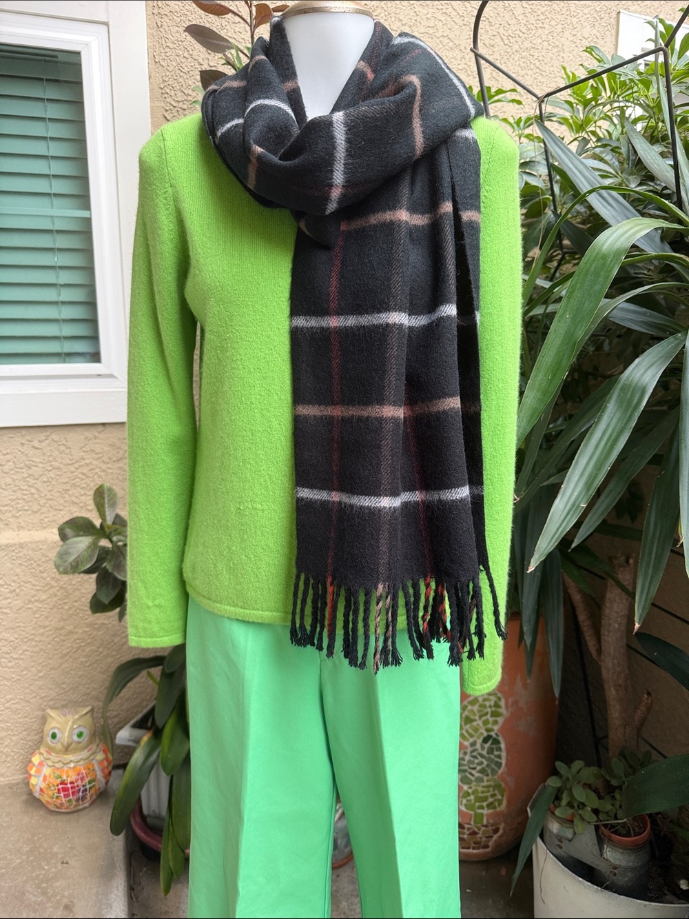 Vintage Black Plaid Fringe Cashmere Scarf - Classic Windowpane Pattern